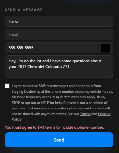 QRide Assist vehicle inquiry form showing that consent is required before a phone number can be submitted